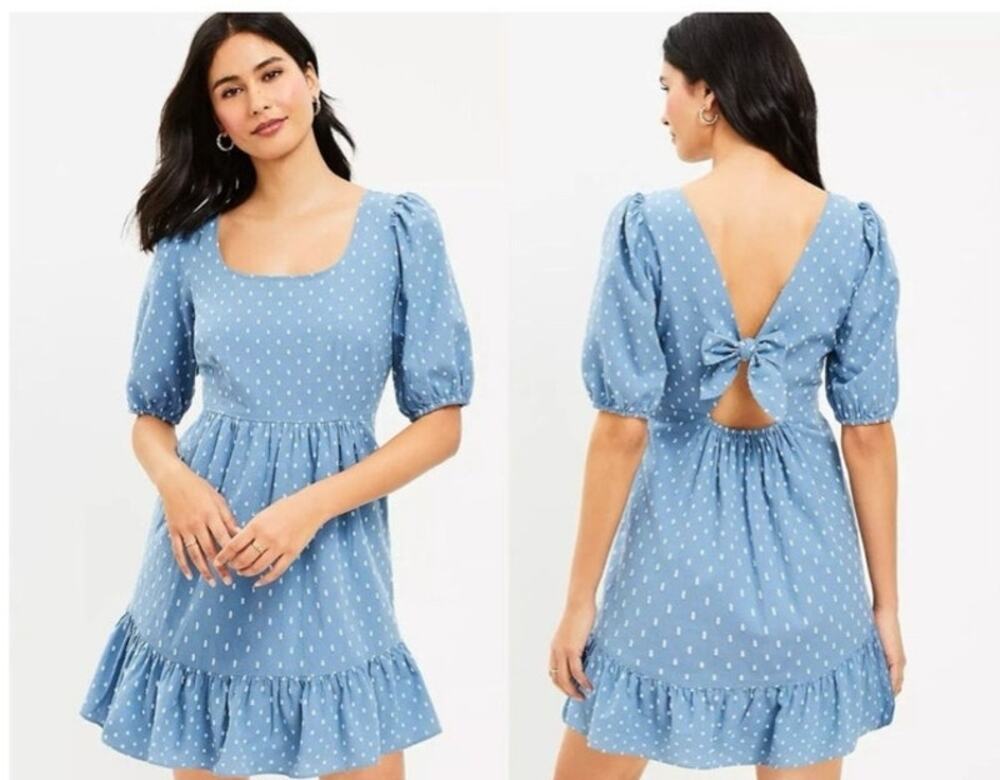 LOFT Petite Blue Clip Dot Flounce Swing Mini Dress Tie Back 2P NWT